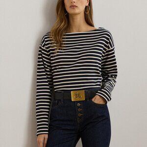 Lauren Ralph Lauren Women's XXL Stripe Boatneck Long Sleeve Navy White Top NEW
